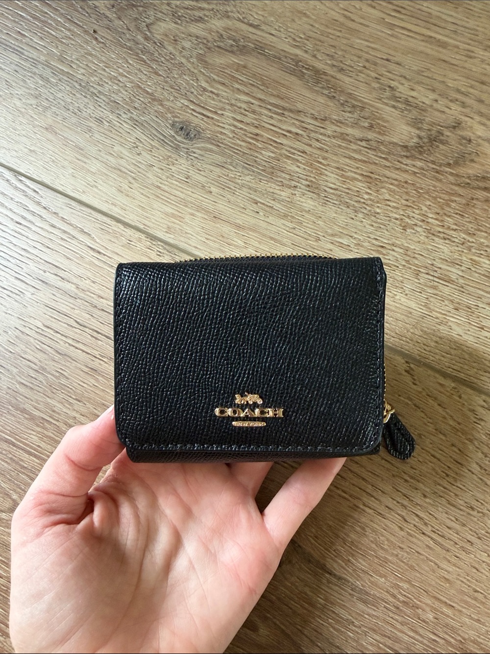 Coach Black Leather Small Zip Card Case with Gold Logo